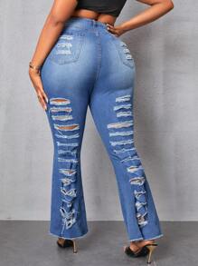 SHEIN SXY Jeans acampanados elásticos rotos talla grande - Azul - Ver 6