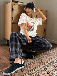 DAZY 女士松紧腰格纹抽绳宽松长款休闲裤，秋装格子