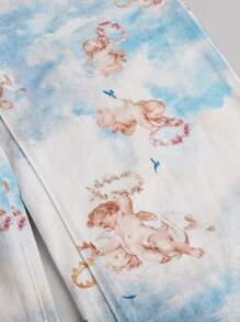 SHEIN Y2K Fashion Angel Printed Loose Fit High Waist Elastic Straight Leg Jeans For Teen Girls - Light Wash - View 4