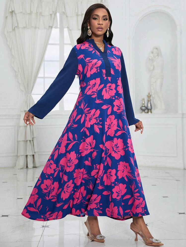 Women'S Floral Patchwork Print Notched Neckline Dress Fall Cloth For Women