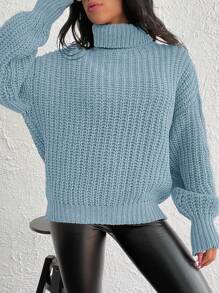 EURMUSE Turtleneck Drop Shoulder Sweater - Blue - View 4