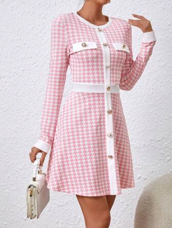 SHEIN Privé damer Färgblock Houndstooth Klänningar Med knapp Detalj Och Sliten