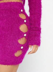 Hauture Fluffy Knit Cut Out Top & Skirt Set - Red Violet - View 3