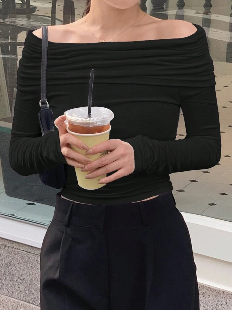 Women's Plain Off-Shoulder T-Shirt Long Sleeve Women Tops