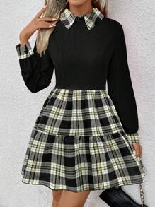 SHEIN Essnce 格紋拼接連衣裙 - 黑色 - 查看 1