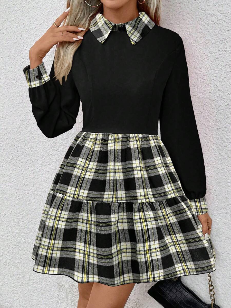 SHEIN Essnce 格紋拼接連衣裙 - 黑色 - 查看 1