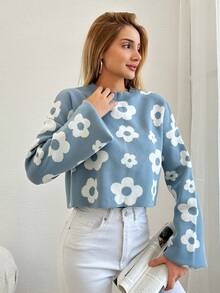 Flower Pattern Women Sweater - Blue - View 5