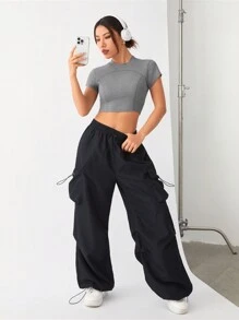 Yoga Basic 女士短袖露脐t恤 - 深灰色 - 查看 1