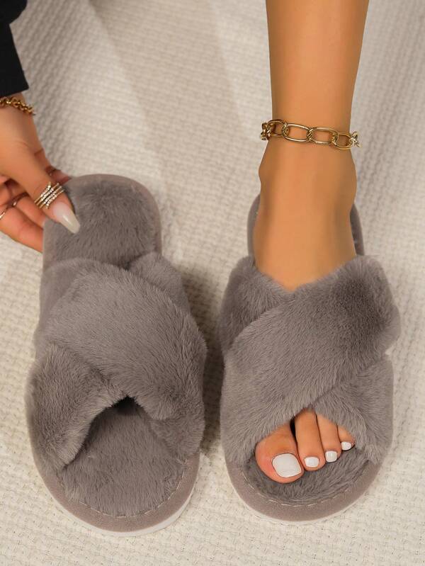 Fall/Winter Women's Criss-Cross Fluffy Open Toe Slippers, Non-Slip Indoor Home Slippers, Fashionable & High-End