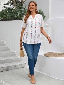 EMERY ROSE Camisa blanca con estampado floral y diseño calado para mujer de talla grande, para primavera y verano - Blanco - Ver 5