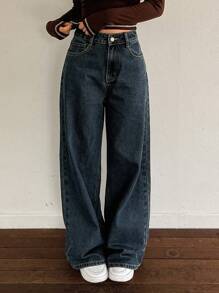 DAZY Solid Color High-Waisted Wide-Leg Women's Jeans With Ankle-Length,Baggy Jeans,Fall Clothes - Blue - View 5