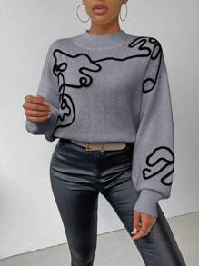 SHEIN Essnce Của phụ nữ Thêu Tay áo lồng đèn Áo len - Xám - Xem 3