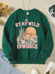 SHEIN 適用於春秋季的青少女數字印花綠色圓領運動衫 - 綠色 - 查看 1