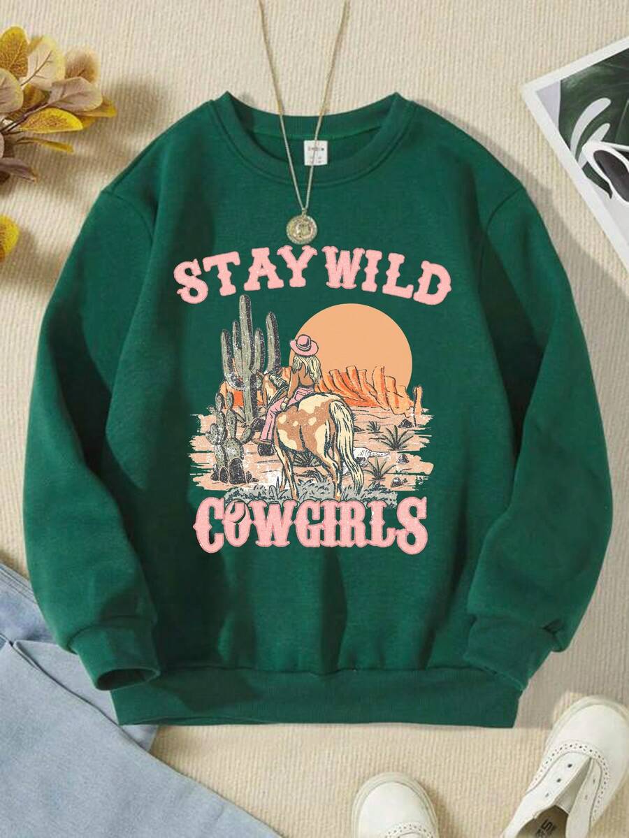 SHEIN 適用於春秋季的青少女數字印花綠色圓領運動衫 - 綠色 - 查看 1