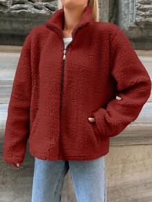 RueChic Của phụ nữ Dây kéo mặt trước Nhung dê con Tay áo dài Áo khoác - Màu Cam cháy - Xem 4