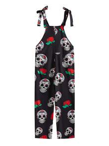 SHEIN Unity Skull & Floral Printed Overalls Pants - Black - View 2