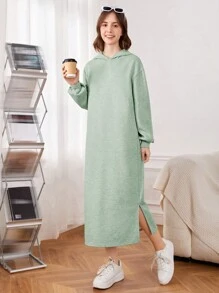 SHEIN 少女們的針織純色連帽長裙,開叉下擺休閒長裙 - 薄荷綠 - 查看 5