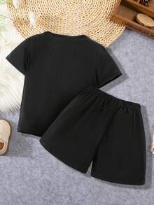 2入組嬰兒女孩休閒簡約運動趣味印花套裝,春夏大放異彩 - 黑色 - 查看 2