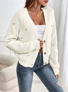 SHEIN Frenchy 秋冬爱心刺绣开衫、长袖上衣、针织衫 - 白色 - 查看 4