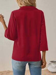 SHEIN Clasi Solid Color V-Neck Blouse - Red - View 2