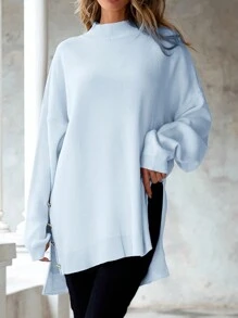 SHEIN Cottnline 大尺碼立領長袖套頭毛衣 - 淺藍色 - 查看 3