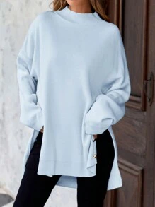 SHEIN Cottnline 大尺碼立領長袖套頭毛衣 - 淺藍色 - 查看 4