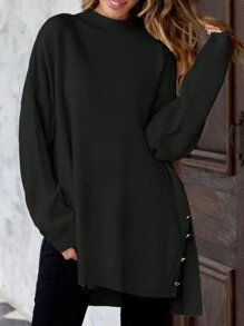 EURMUSE 大码女式立领落肩长袖毛衣套头衫，适合冬季 - 黑色 - 查看 1