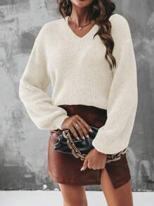 SHEIN Essnce 純色下垂肩休閒毛衣 - 杏色 - 查看 1