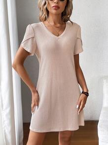SHEIN LUNE Vestido De Mujer Con Manga Abullonada Y Estampado De Pata De Gallo Color Albaricoque - Albaricoque - Ver 4