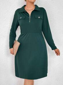 SHEIN LUNE Plus Size Half Placket Long Sleeve Dress With Flip Detail And Zip Closure - Dark Green - View 3
