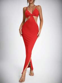 SHEIN Tall Của phụ nữ Xu hướng: Cắt giảm Xoắn Nút Dây đeo Mì Ý  Đầm - Đỏ - Xem 1