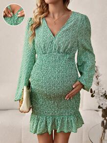 孕婦平行縐縫花卉印花洋裝 - 綠色 - 查看 1