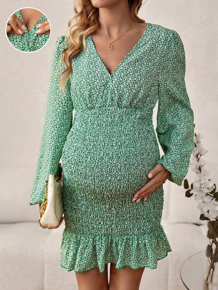 Maternity Shirred Floral Print Dress