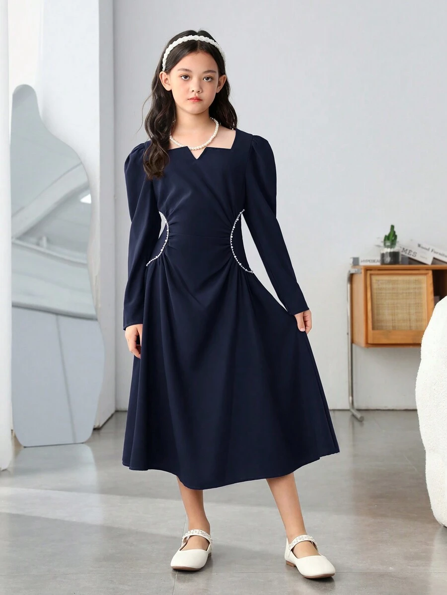 SHEIN Leap Crew Tween Girls' Vintage Mid-Length Dress With Faux Pearl Decor And Long Sleeve, Elegant Style - Navy Blue - View 1