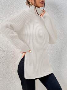 EURMUSE Turtleneck Raglan Sleeve Split Hem Sweater - White - View 5
