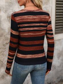 SHEIN LUNE Women's Striped V-Neck T-Shirt - Coffee Brown - View 2