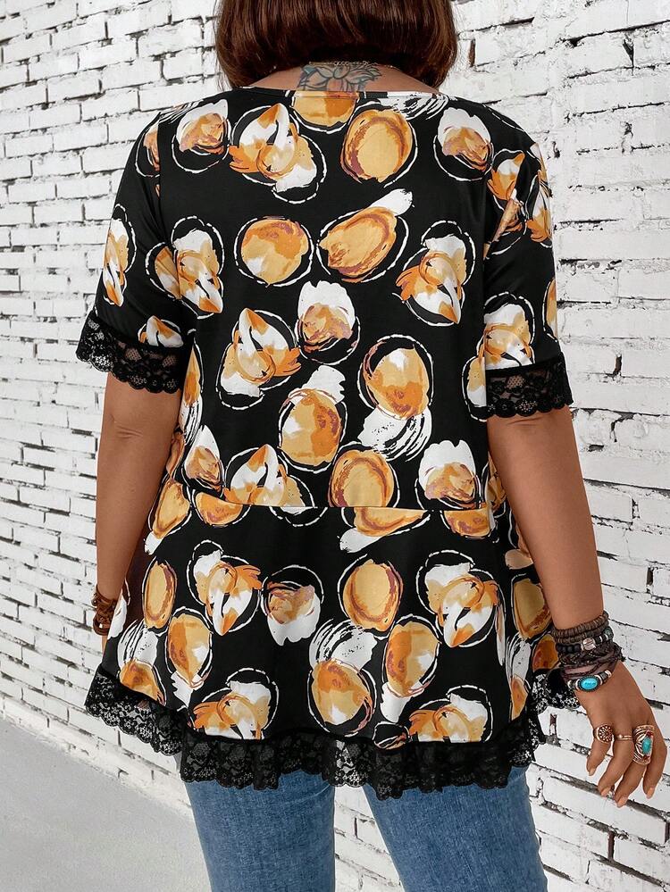 Plus Size Printed Patchwork Lace T-Shirt