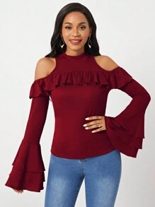 SHEIN Lady 情人節中空肩膀鈴鐺袖t卹 - 酒紅色 - 查看 5