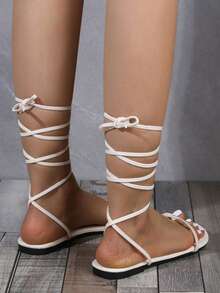 女士時尚舒適的白色腳趾環和帶子組合涼鞋,後拉鍊和扁底 - 白色 - 查看 3