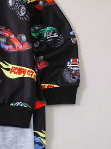 SHEIN 幼童男孩時尚多彩汽車印花運動衫和長褲服裝套裝 - 黑色 - 查看 6