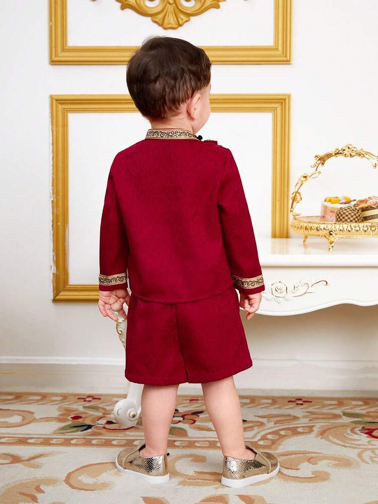 Baby Boys' Traditional Stand Collar Top With Woven Tape And Shorts Set