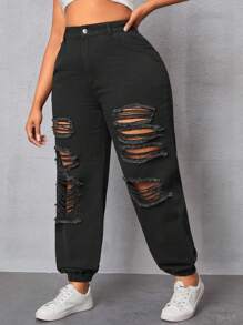 SHEIN Plus Size Solid Color Distressed Jeans - Black - View 1