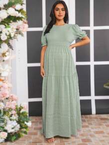 Loomaby Vestido Sólido De Maternidad Con Mangas Tipo Globo - Verde - Ver 4