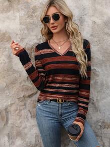 SHEIN LUNE Women's Striped V-Neck T-Shirt - Coffee Brown - View 4