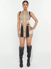 SHEIN Unity 拼色拉链上衣和裙子两件套 - 彩色 - 查看 3