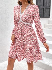 Breezaya Lace Trimmed Floral Printed Dress
