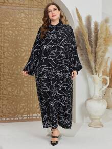Mulvari Plus Size Full Printed Bell Sleeve Dress - Black - View 4