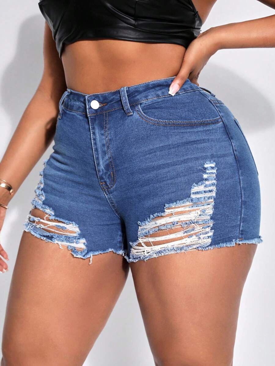 SHEIN SXY Plus Size Women'S Frayed & Distressed Denim Shorts - Blue - View 1