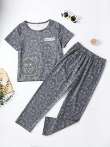 Tween Boys' Cartoon Cute Monster Print Short Sleeve Tee And Pants Comfortable 2pcs Homewear Set - Black - View 1