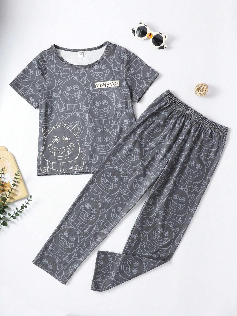 Tween Boys' Cartoon Cute Monster Print Short Sleeve Tee And Pants Comfortable 2pcs Homewear Set - Black - View 1